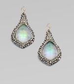 From the Miss Havisham Collection. A free-form diamond shape of dyed white quartz has an opal-like iridescence, enhanced by a shimmering border set with Swarovski crystals.Dyed white quartzCrystalRuthenium platingLength, about 1¾Ear wireMade in USA