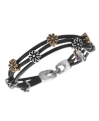 A charming leather bracelet by Lucky Brand. This woven design adds charm with semi-precious amethyst stones set in floral-shaped gold tone and silver tone mixed metal. Crafted in woven brown leather. Approximate length: 7-1/2 inches.