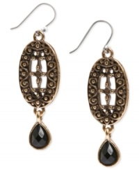 Openwork earrings from Lucky Brand get an extra touch of style. Crafted from gold-tone mixed metal, the pair features a black glass stone, putting the accent on fashion.  Approximate drop: 1-7/8 inches.