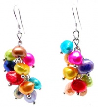 2 Inch Long Multicolored Pink, Blue, Red, Yellow, Purple & Green South Sea Baroque Cultured Pearl Dangle Drop Earrings, 925 Sterling Silver Hooks