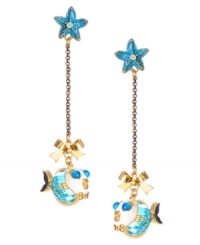 Enchantment under the sea. Betsey Johnson's mismatch earrings feature turquoise starfish with gold tone details and crystal accents, gold tone bows and blue fish with gold tone details and crystal accents. Crafted in gold-plated mixed metal. Approximate drop: 3-1/4 inches.