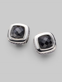 From the Albion Collection. Elegantly faceted black onyx with a smooth bezel and rope edge of sterling silver. Black onyx Sterling silver About ½ square Post-and-hinge back Made in USA