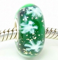 Let It Snow! Snowflakes in a Dark Green European Murano Style Glass Bead Charm with Solid Sterling Silver Single Core Stamped 925 Fits Pandora Biagi Chamilia Troll Bracelets