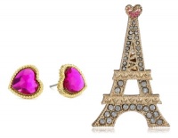 Betsey Johnson Holiday Boxed Eiffel Tower Pin and Heart Stud Earrings Set