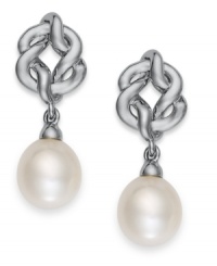 A fresh take on a classic style: a single cultured freshwater pearl (9-9-1/2 mm) shines on these stunning Fresh by Honora knot earrings. Set in sterling silver. Approximate drop: 1/2 inch.