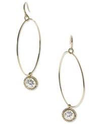 Let your look shine! These hoop earrings from Michael Kors flaunt a circular pendant with a clear cubic zirconia stone. Crafted in gold tone mixed metal. Approximate drop: 2-1/2 inches.