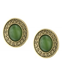 Spruce up in serene, jade-colored studs. 2028's pretty oval button earrings feature Greek key edges in gold tone mixed metal with a green cabochon stone at center. Approximate diameter: 3/4 inch.