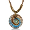 Blue and Gold Murano Glass Seashell Circle Pendant on 19 Inch Beaded Cord Necklace