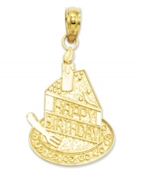 A perfectly personalized birthday gift! This sweet charm features a slice of birthday cake with a candle and the words, Happy Birthday, inscribed across the front. Crafted in 14k gold. Chain not included. Approximate length: 1 inch. Approximate width: 3/5 inch.