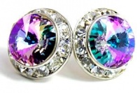 15MM Iridescent Rainbow Jewel Tone 'Vitrail' Light Violet, Blue & Green Swarovski Crystal Elements Round Stud Earrings, Hypoallergenic Posts