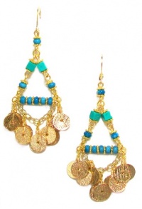 Rachel Reinhardt Kate 14k Gold Plated Triangular Chandelier Dangle Earring with Blue Turquoise and Textured Gold Disk Dangles