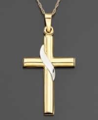 A simple cross with a reverent sash, crafted in two-tone 14k gold. Pendant is approximately 1-1/4 inches long. Chain not included.