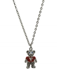 Cute and chic, this adorable teddy bear pendant necklace from GUESS is crafted from silver-tone mixed metal with glass crystal accents providing a colorful pop. Item comes packaged in a signature GUESS Gift Box. Approximate length: 16 inches + 2-inch extender. Approximate drop: 2 inches.