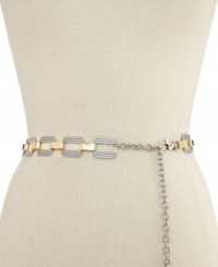 Get linked in to chic styling with this versatile chain belt from Style&co. Crafted from shiny mixed metal in an eye-catching geometric design; it's the must-have accessory of the season. Pair it with dark denim or your favorite black dress.