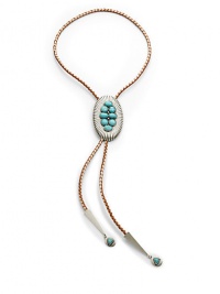 THE LOOKSouthwestern-inspired designTextured sliding oval with turquoise accents Leather braided rope settingTriangle drop details with turquoise accentsSilverplatedTHE MEASUREMENTLength, about 40ORIGINMade in USA