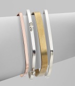 A structured set of square bangles in three different tones, accented with Swarovski crystals. Copper and silverplated brassSwarovski crystalsDiameter, about 2½Slip-on styleMade in USA