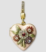 A beautifully detailed new heirloom locket is handcrafted in brass-plated pewter and embellished with sparkling Swarovski crystals. 5% of the retail price of each piece sold will be donated to support the work of the Breast Cancer Research Foundation. Hand-polished and -enameled 1 X 1 Made in USA