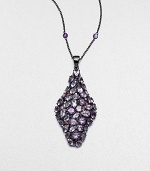 A diamond-shaped pendant encrusted with faceted amethyst stones and accented with multi-colored sapphires on an amethyst station necklace on a rhodium-plated sterling silver link chain. AmethystMulti-colored sapphiresRhodium-plated sterling silverLength, about 29Pendant size, about 2.6Clasp closureImported 