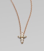 A petite cross that sparkles with diamonds in 18k rose gold on a chain link necklace. Diamonds, .11 tcw18k goldLength, about 16 to 18 adjustablePendant size, about ¼ Lobster clasp closureMade in Italy