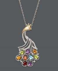 Capture all the colors of the rainbow with this majestic peacock pendant. A swirling 14k gold and sterling silver setting highlights sparkling round-cut diamonds (1/8 ct. t.w.) and cascading pear-cut gemstones, including blue topaz (1/5 ct. t.w.), citrine (1/4 ct. t.w.), madeira citrine (1/8 ct. t.w.), garnet (1/5 ct. t.w.), amethyst (1/4 ct. t.w.) and peridot (1/3 ct. t.w.). Approximate length: 18 inches. Approximate drop: 1-1/2 inches.