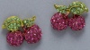 Glamorous Large 3/4 Gold Plated Sparkling Dark Pink/Fuchsia Crystal Juicy Cherry Charm Stud Earrings with Green Crystal Leaves