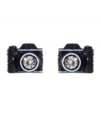 Enhance your photogenic good looks with Betsey Johnson's chic studs. Featuring black cameras with round-cut crystal flashbulbs. Crafted in mixed metal. Approximate diameter: 1 inch.