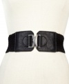 Channel your inner rocker-chic with this faux leather belt from Steve Madden. The stretch design is outfitted with geometric buckle and detail stitching that adds a little edge to any outfit.