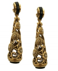 Intricately ornate, T Tahari's linear drop earrings, part of its Deco Lace Collection, are crafted from gold-tone mixed metal. Glass crystals add luster to the pair, and a black stone post gives the earrings a stylish touch. Approximate drop: 2-1/4 inches.