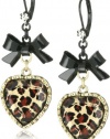 Betsey Johnson Crystal Leopard Heart and Black Bow Drop Earrings