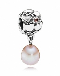 A rose-colored pearl dangles gently from a sterling silver PANDORA charm featuring heart motifs and pink cubic zirconia.