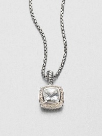 From the Petite Albion Collection. A beautifully faceted square white topaz surrounded in dazzling diamond set in sterling silver on a box link chain. White topazDiamonds, .18 tcwSterling silverLength, about 17Pendant size, about .25Lobster clasp closureImported 