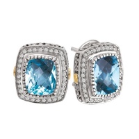 925 Silver, Blue Topaz & Diamond Checkerboard Earrings with 18k Gold Accents (0.36ctw)