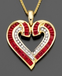 Make someone blush with this beautiful pendant of princess-cut rubies (2 ct. t.w.) and sparkling round-cut diamonds (1/5 ct. t.w.). Set in 14k gold. Chain measures approximately 18 inches with a 1-1/4 inch drop.