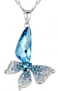 ARCO IRIS Stylized Aquamarine Butterfly Wing Drop Swarovski Elements Crystal Pendant Necklace W 18k White Gold Plated Chain (Blue and Green)