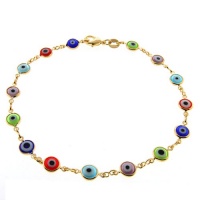 10 Inch Multi-Color Gemstones & Gold Plated Evil Eye Anklet Bracelet