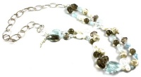 Beautiful House of Ruth 925 Sterling Silver Semi-Precious Genuine Stone Pearl, Aquamarine, Smoky Quartz Stone Triple Stranded Adjustable Necklace Wear Long or Choker Style - Handmade in the USA