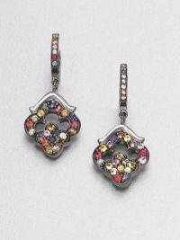 A rainbow of richly hued sapphires in an open quatrefoil-shaped design hangs from a stone-set hoop.SapphiresBlack rhodium-plated sterling silverLength, about 1PiercedImported