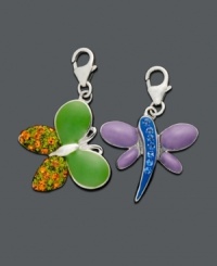 Capture the essence of nature with these sparkling winged creatures. Set includes a green butterfly, and a purple and blue dragonfly. Charms set in sterling silver with crystal accents. Lobster claw clasp. Approximate drop: 1/2 inch.