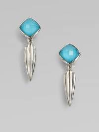 A opalescent, faceted, crystal accented turquoise stone set in sleek sterling silver with a long textured drop detail. Crystal accented turquoise doubletSterling silverDrop, about ½Post backImported 