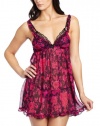 Betsey Johnson Women's Chiffon Babydoll With Peekaboo Lace, Drop Dead Gorgeous Blackberry Pie, Small