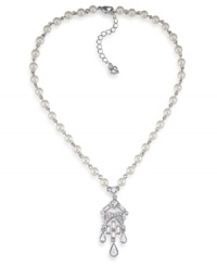 The perfect accessory when endless elegance is required. Carolee's pendant necklace features a silver tone chain with glass pearls and a crystal-accented chandelier. Set in imitation rhodium-plated mixed metal. Approximate length: 16 inches + 2-inch extender. Approximate drop: 1-3/4 inches.