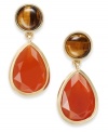 Much-needed splashes of color from Lauren Ralph Lauren. These standout double drop earrings feature genuine tiger's eye and carnelian beads. Clip-on backing for non-pierced ears. Set in 14k gold plated mixed metal. Approximate drop: 1 inch.