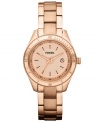 A classic steel Mini Stella collection timepiece enveloped with rosy hues for a daring design, by Fossil.