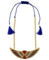 Take flight. RACHEL Rachel Roy takes you under its wing with this statement necklace. Crafted from gold-tone mixed metal and features glass accents for the perfect style lift. Approximate length: 14-1/2 to 32 inches. Approximate diameter: 5-1/2 inches.