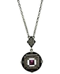 Timely fashion. T Tahari captures the spirit of the Art Deco era with this necklace, crafted from silver-tone mixed metal. The pendant has a fuchsia crystal accent offset by silver-tone metal on black enamel for a dazzling touch. Base metal is nickel-free for sensitive skin. Approximate length: 18 inches + 3-inch extender. Approximate drop: 2-1/4 inches.