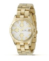 MARC BY MARC JACOBS has timed it right with the Henry chronograph. Round white dial with three-eye function and signature logo-enhanced bezel. Goldplated bracelet strap.