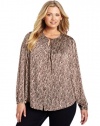 Jones New York Women's Plus-Size Pleated Round Neck Long Sleeve Blouse, Multi, 20W