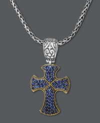 An elegant way to display your faith. Balissima by Effy Collection's remarkable cross pendant features a unique design with round-cut sapphires (7/8 ct. t.w.), 18k gold edges, and a braided sterling silver chain and scroll-accented bale. Approximate length: 18 inches. Approximate drop: 1-2/3 inches.