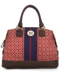 Elevate your style status with this posh, preppy purse from Tommy Hilfiger. Signature jacquard is bedecked with gleaming golden hardware and contrast striping, while the well-organized interior keeps all your essentials perfectly in place.