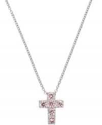 Devotionally designed. The perfect gift for a first communion, CRISLU's children's cross pendant features sparkling, round-cut cubic zirconias (1/3 ct. t.w.) in pretty pink hues. Crafted in platinum over sterling silver. Approximate length: 13 inches + 1-1/2-inch extender. Approximate drop: 1/2 inch.